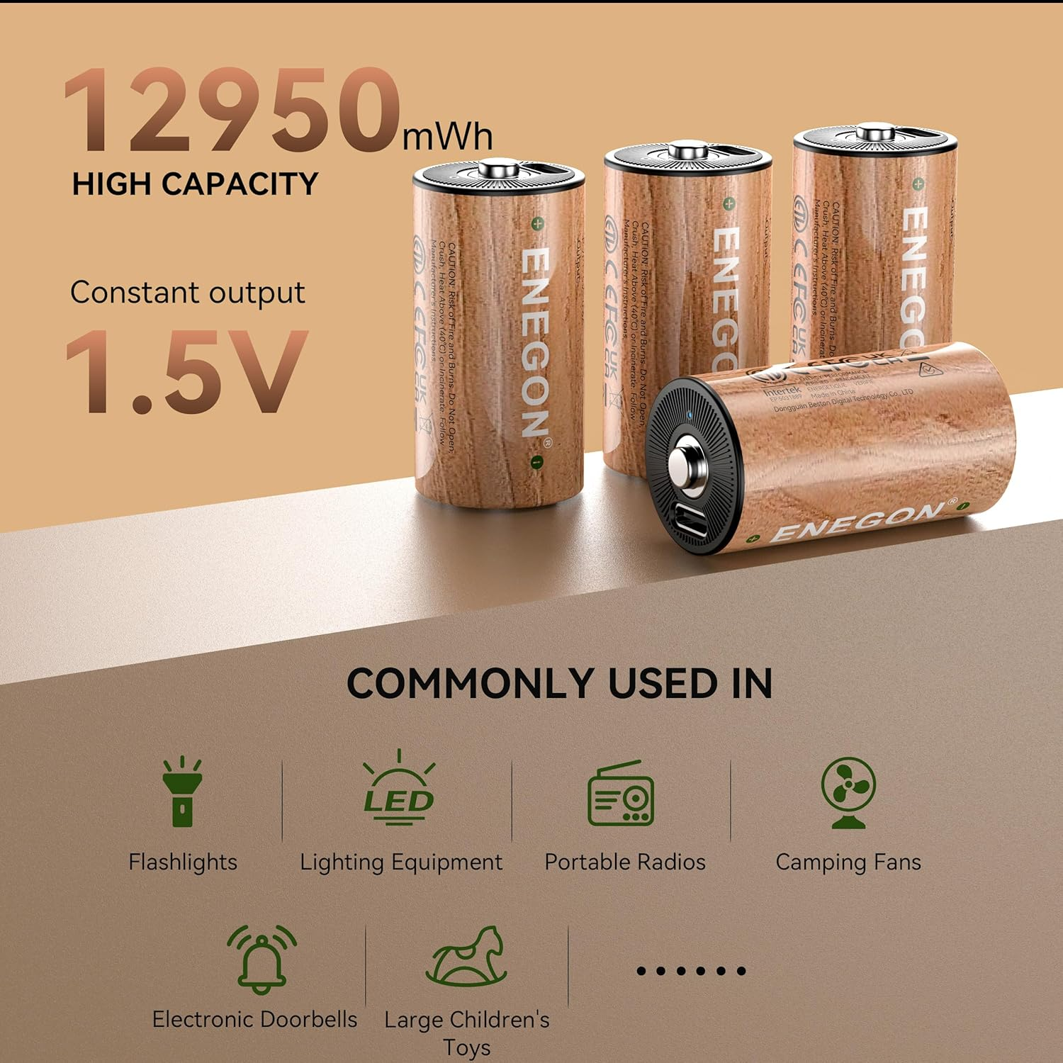 ENEGON Rechargeable D Batteries 12950Mwh (4 Pcs), USB-C Charging Li-Ion D Cell Batteries (2-In-1 Cable Included), LR20 1.5V Long-Lasting for Floodlight Toys, RC Car image number 4