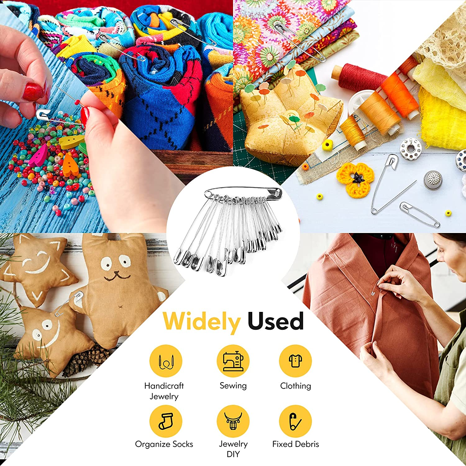 Huhuhero 340 Pack Safety Pins Assorted, Small and Large Safety Pins for Clothes Costume, 5 Different Sizes Nickel Plated Steel Pin Bulk, Sewing Crafts Art Supplies, Silver image number 4