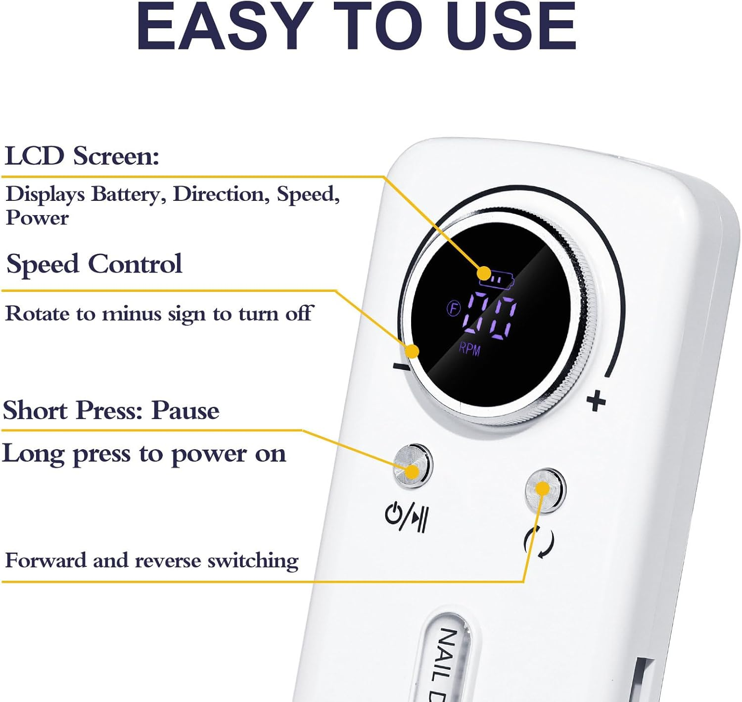 Bouzaak Professional Portable Nail Drill Kit - 45000 RPM Rechargeable Electric Nail File with 6 Bits, Cordless Low Noise for Acrylic Gel Nails, Manicure & Pedicure for Salon Home (White)