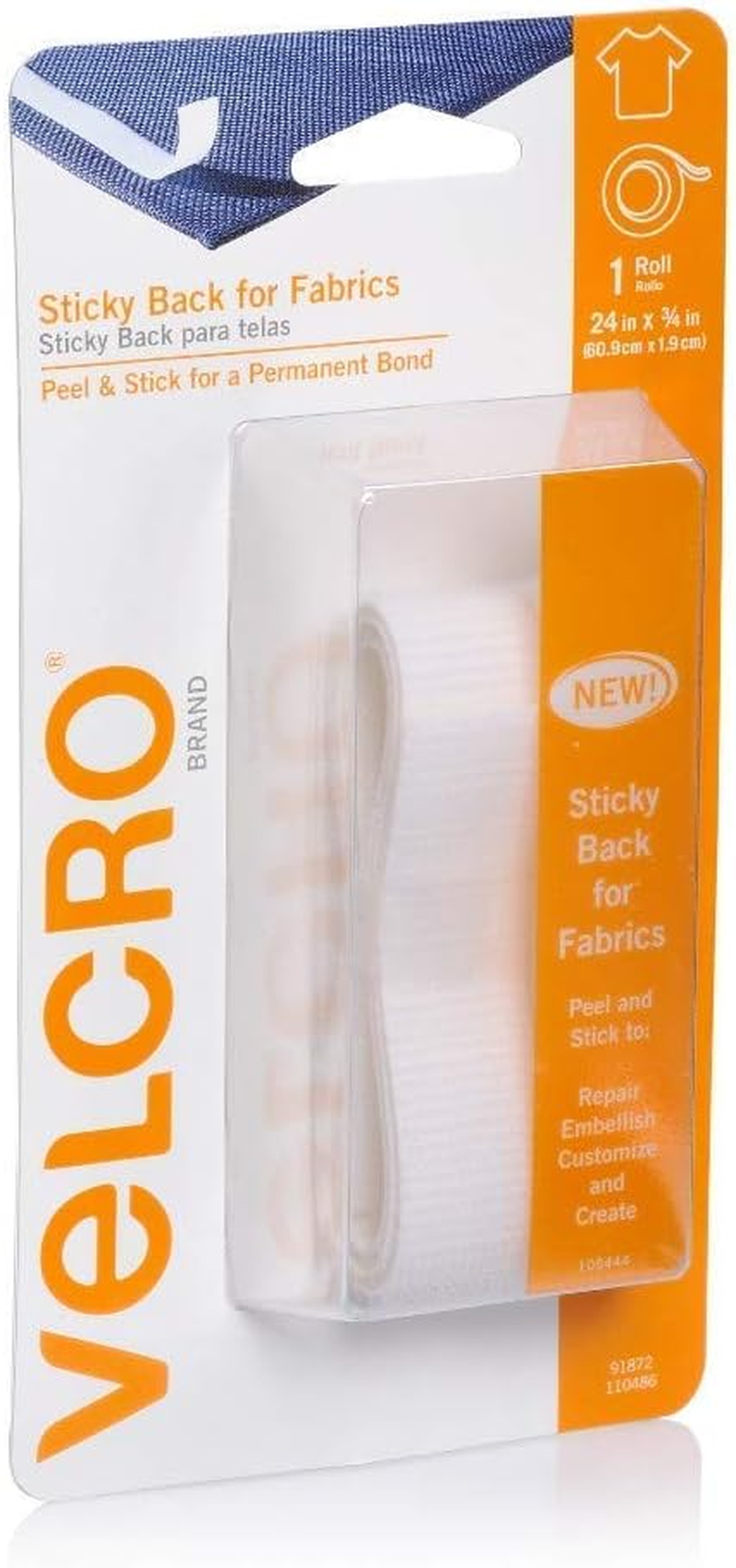 VELCRO Brand - Sticky Back for Fabrics | No Sewing Needed | Peel and Stick for a Permanent Bond | 1.9Cm X 60.9Cm Tape | White image number 1