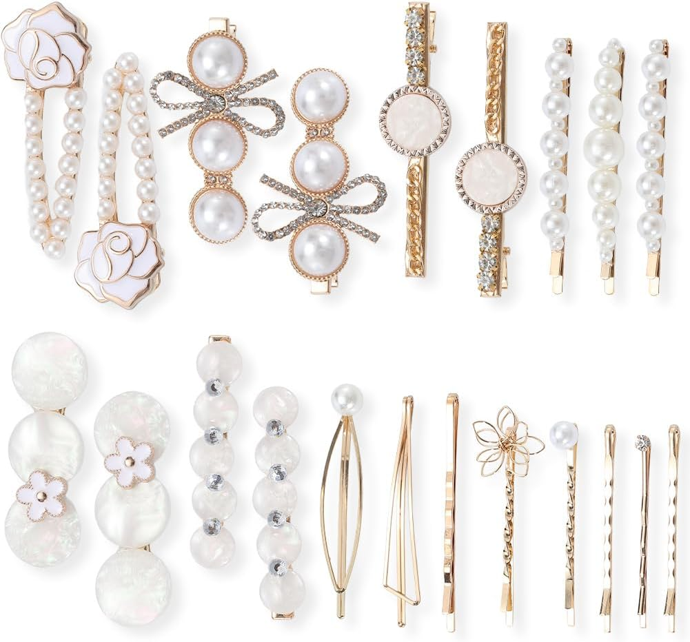 SOFPLATE 22Pcs 4 Styles White Pearl Hair Barrette Bobby Pin Hair Clips Elegant Alloy Gold Flower Leaf Triangle Decorative Headwear Accessories Kit for Long Short Wedding Party Hairstyle DIY Decoration image number 6