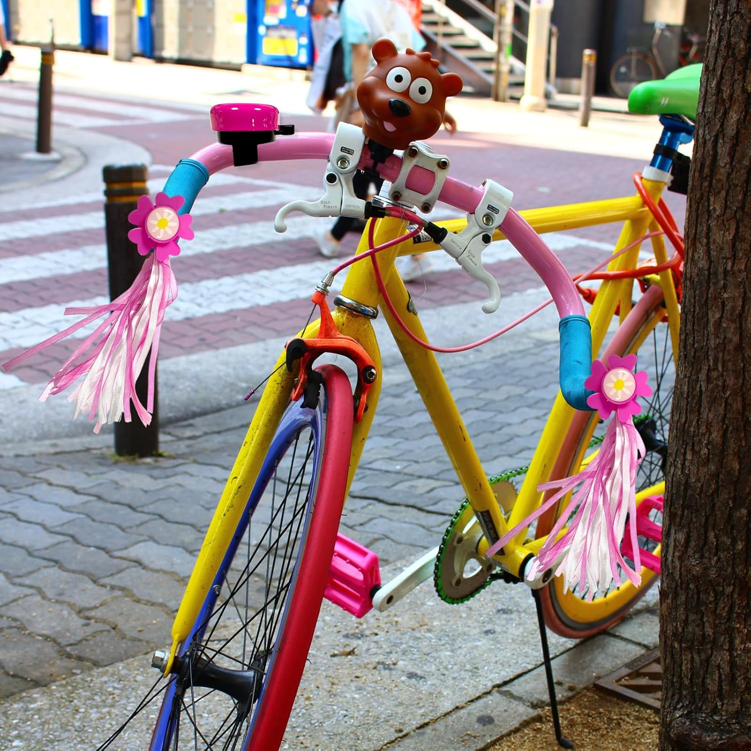 Scooter Handlebar Streamers, 2 PCS Bicycle Grips Ribbon with a Flower Bicycle Bell for Bike Decorations (3 PCS) image number 5