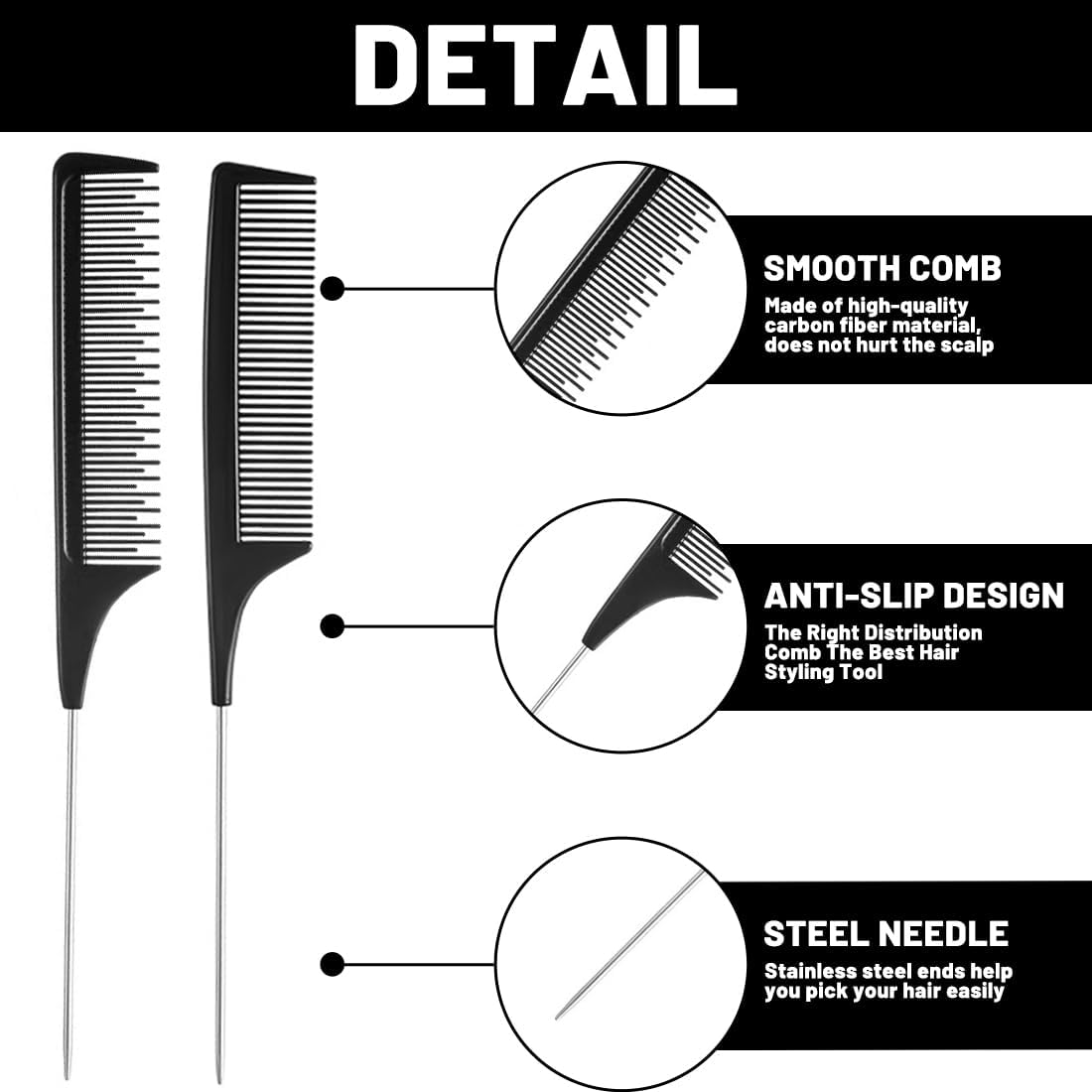 JRYXDS Set of 3 Tail Combs Fine Tooth Comb Professional Hairdressing Comb Antistatic Heat Resistant Teasing Hair Comb for Men and Women image number 2