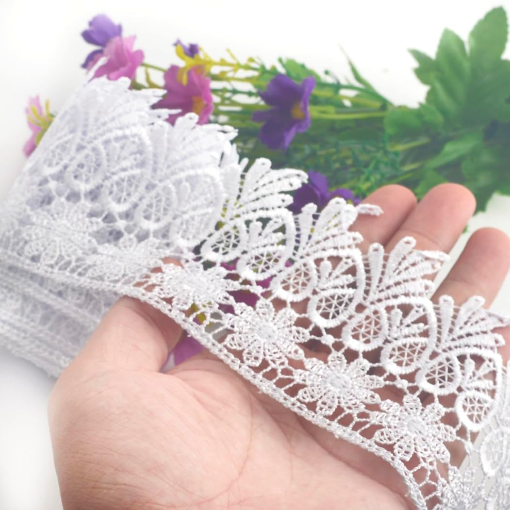 Kuasting 7.5 Yards Floral Lace Edge Trim 9CM Tassel Lace Trim Width Europe Chips Pattern Inelastic Embroidery Lace Trim for Sewing Making, DIY Crafts, Gift Wrapping, Wedding Decor (White)