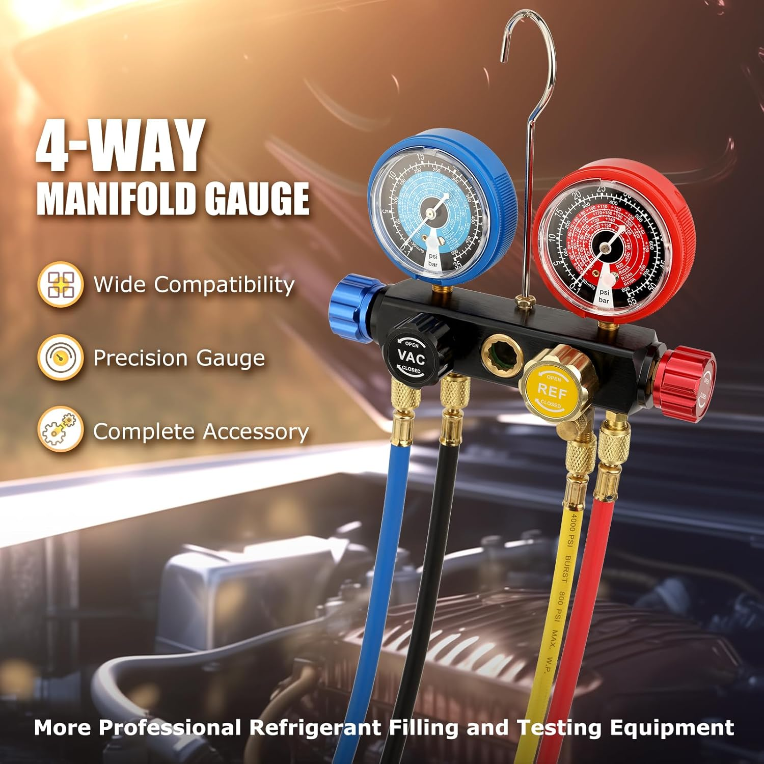 2020 UPGRATE Version 4 Way A/C Manifold Gauge Set Fits R134A R410A R404A R22 Refrigerants with 5FT Hose, 3 Acme Tank Adapters, Adjustable Couplers and Can Tap image number 5