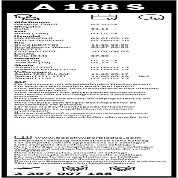 BOSCH A188S Wiper Blade Aerotwin, Set Fits VWW Caddy [2C] (2010-2015), VWW Caddy [SA] (2015-2020), ALF Giulietta [940] (2010-2020), VWW Caddy [2K] (2004-2010) & Others image number 2