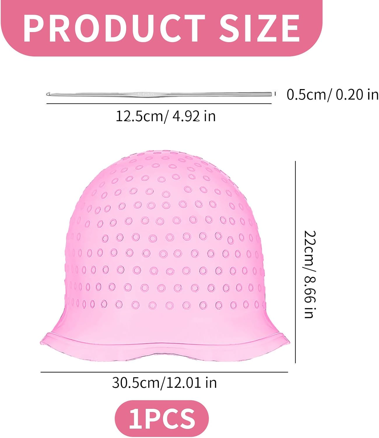 1Pcs Pink Silicone Highlight Cap​ with Steel Hook, Reusable Hair Dye Cap,​ Pre-Punched Holes, Boxed Highlights Cap​ for Salon Home Hair Coloring image number 1