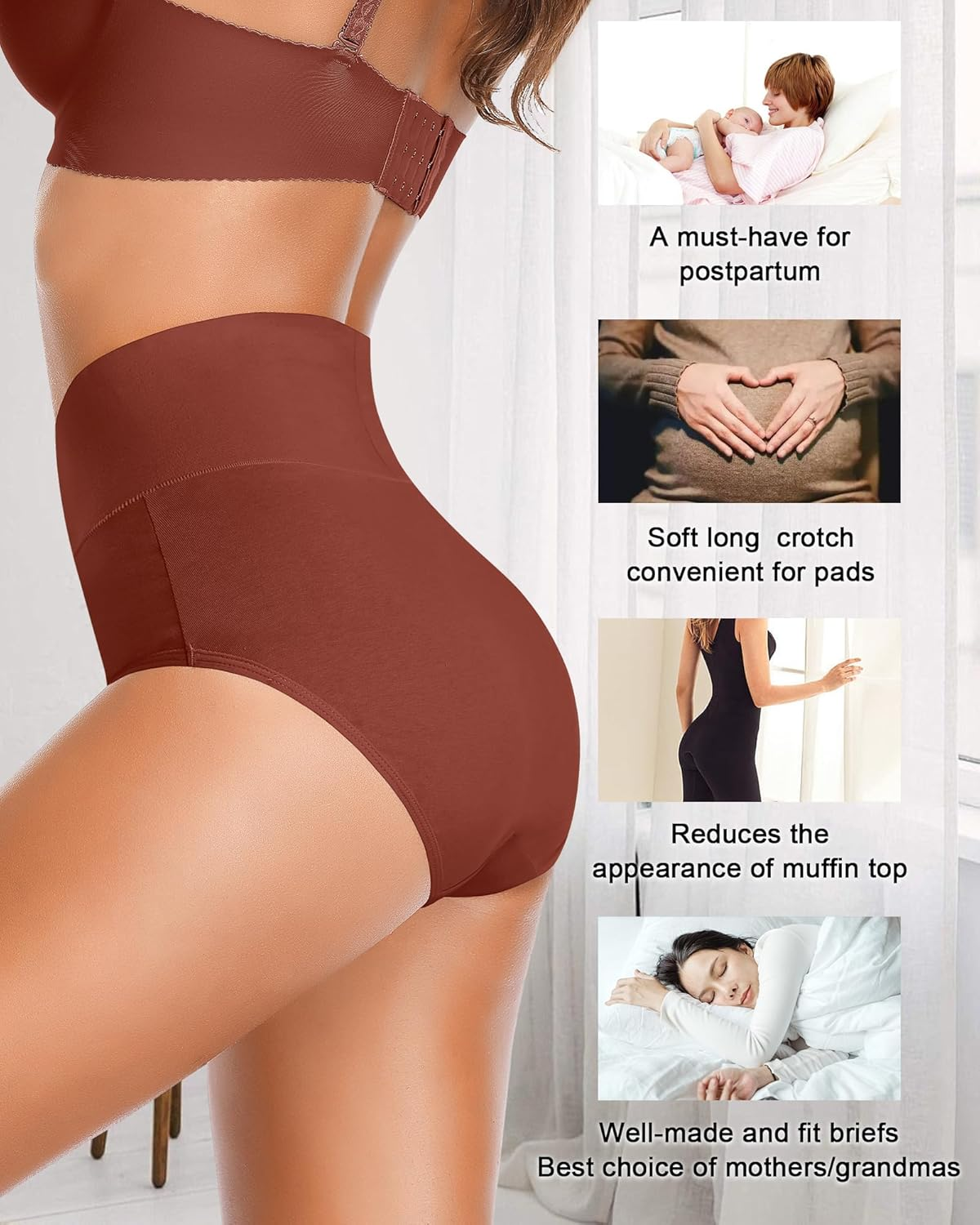 High Waisted Underwear for Women Cotton No Muffin Top Full Coverage Briefs Soft Stretch Ladies Panties 5 Pack image number 4