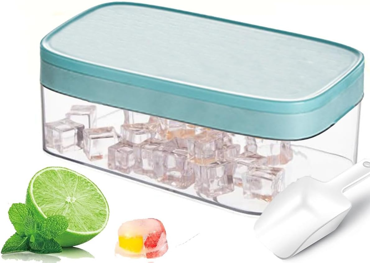 Ice Cube Tray with Lid and Bin, 28 Pcs Ice Trays for Freezer, Food Grade Plastic Ice Cube Mold, Easy Release & Stackable Ice Contrainer with Ice Scoop, for Drinks, Cocktail and Food Fresh (Blue) image number 1