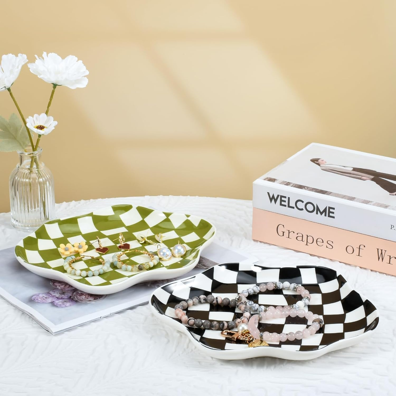 Koythin Jewelry Tray, Ceramic Jewelry Dish Trinket Tray Organizer, Checkered Pattern Aesthetic Decorative for Kitchen, Bathroom, Birthday Gift (Black and White Checkerboard) - Brown Plaid image number 2