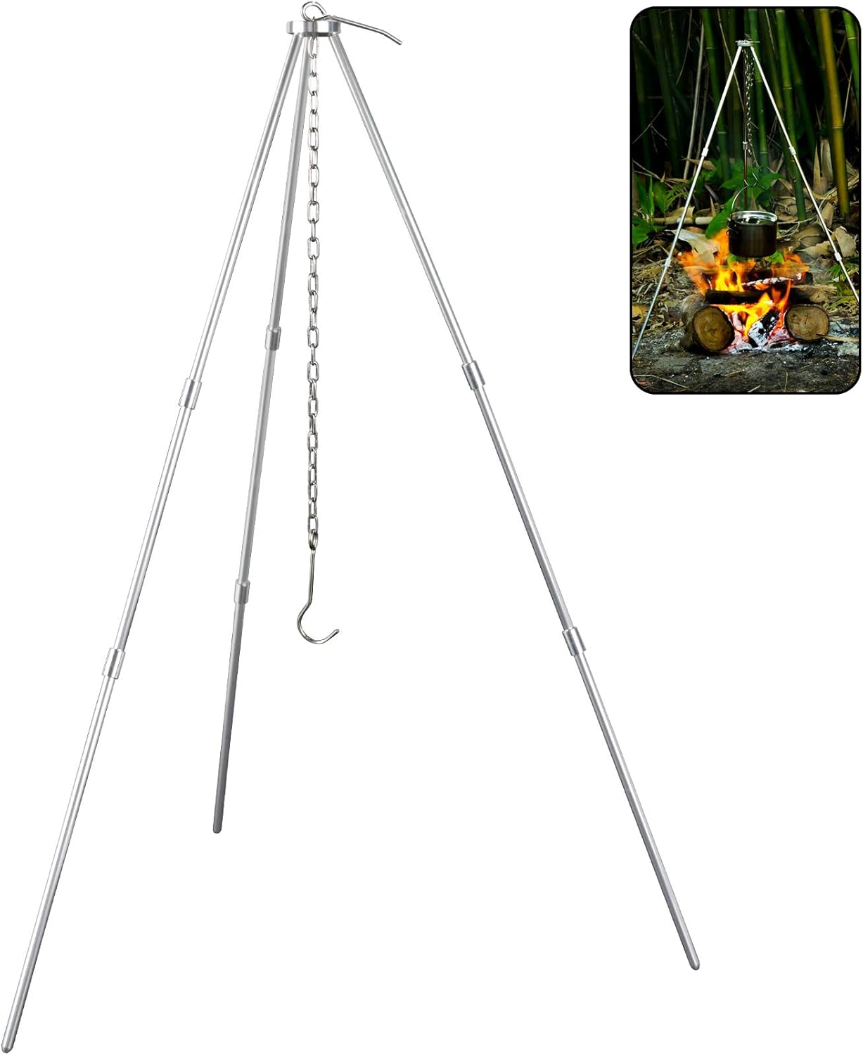 LBG Products Portable Camping Tripod,Camp Fire Grill Stand Tripod with Adjustable Hang Chain,Suitable for Outdoor Cooking,Camping,Picnic,Tripod Camping Accessories image number 2