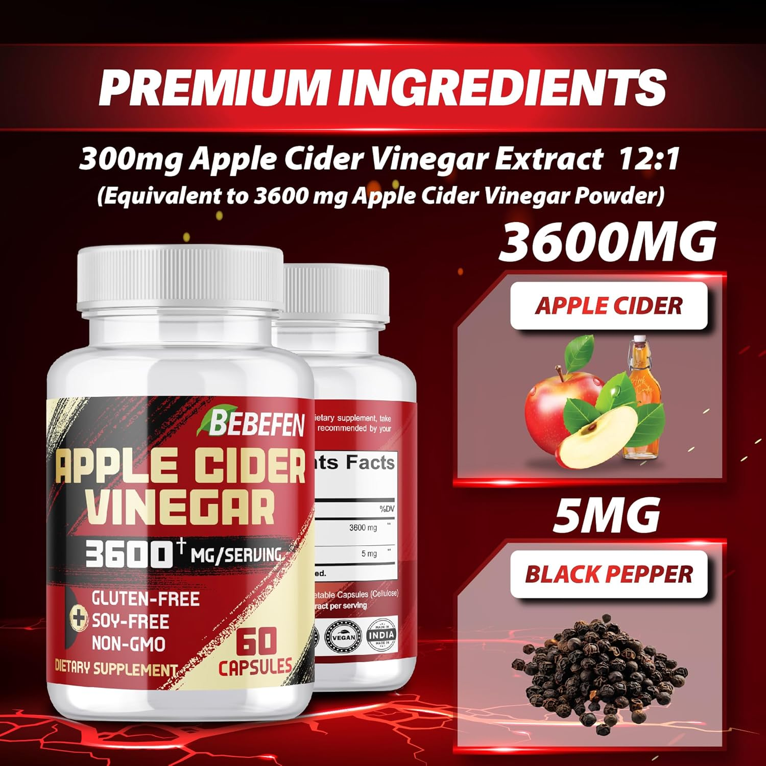 BEBEFEN Apple Cider Vinegar Capsules 3600Mg per Serving Extra Strength - Non-Gmo, Gluten Free Supplement - 60 Count image number 6