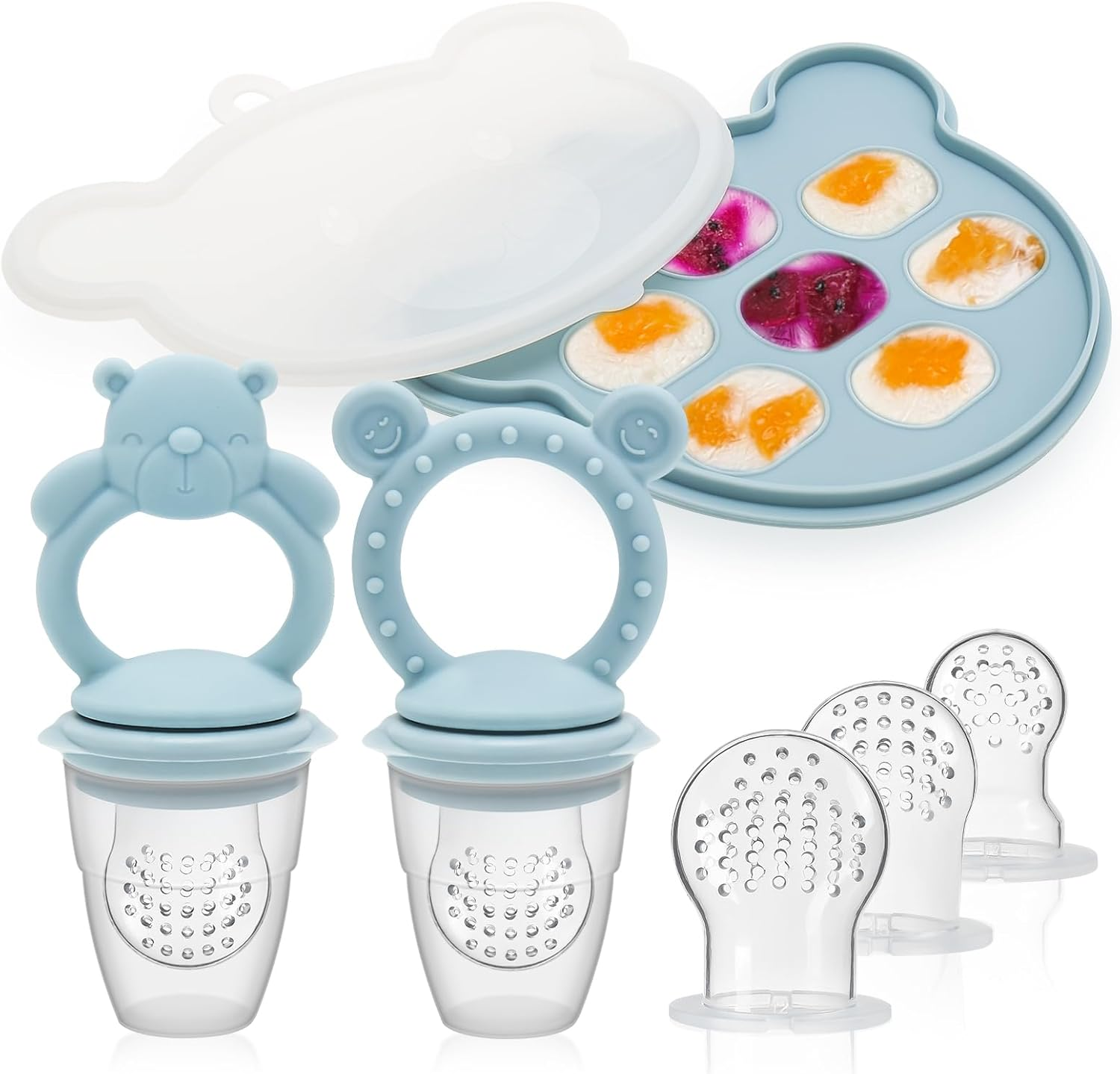 Baby Silicone Fruit Food Feeder Pacifier & Breastmilk Popsicle Freezer Molds, BPA Free Baby Food Storage Containers Frozen Ice Tray for Baby Feeding Safely, Infant Fruit Teething Toy