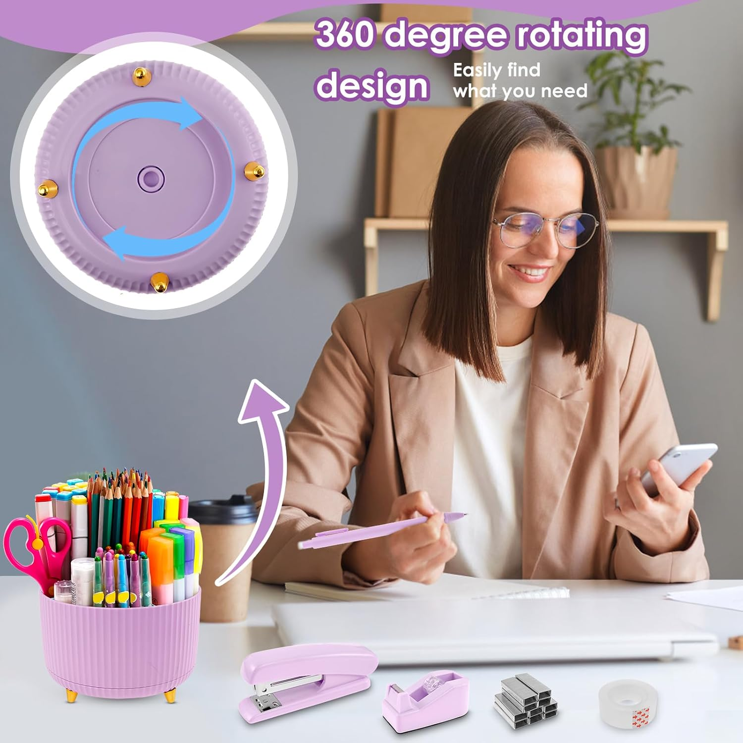 Office Supply Set, Convenient Stapler and Tape Dispenser Set, Office Supplies 360&deg;Pen Holder，Office Supplies Desk Accessories, Practical Office Supplies for Office Clerks (Purple) image number 1
