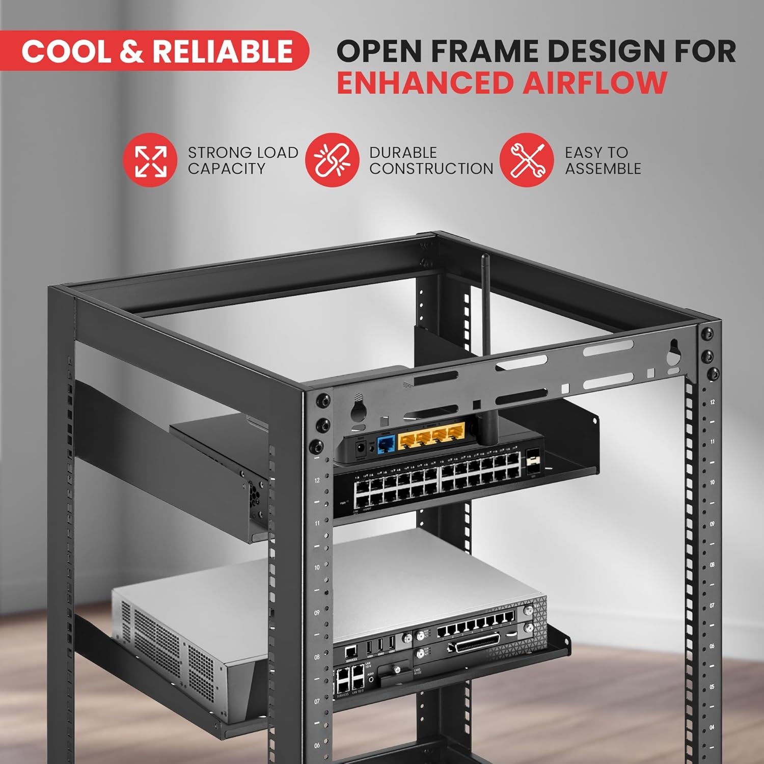 15U Server Rack Network Cabinet - Open Frame Rack, Wall Mountable Heavy Duty Designs for Servers & AV Gear | Compatible with 19" Equipment Standard (Black) image number 5