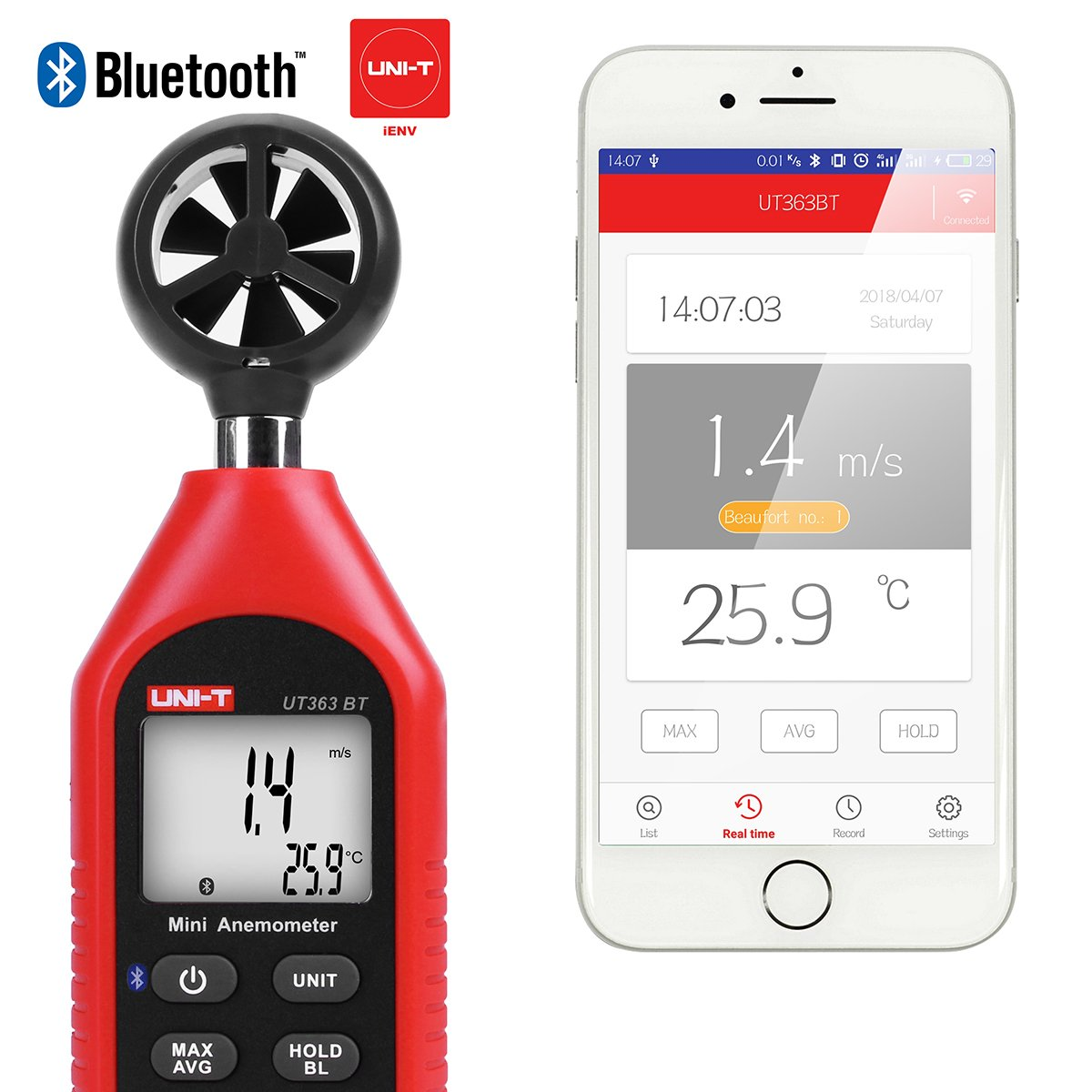 UNI-T Bluetooth Wind Speed Meter, UT363BT Handheld Mini Digital Anemometer with Thermometer and Max/Min for Weather Data Collection and Outdoors Sports Windsurfing Sailing with Backlight LCD Display image number 3