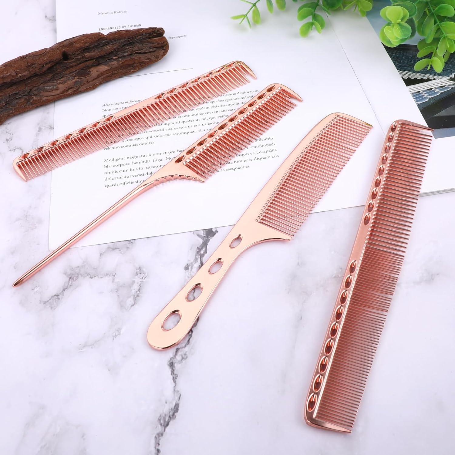 4 PCS Aluminum Hair Cutting Comb, Professional Metal Dressing Foiling Dandruff Combs Set for Women Barber Types Hair Cutting Comb Metal Rat Tail Combs for Wet Curly (Rose Gold)