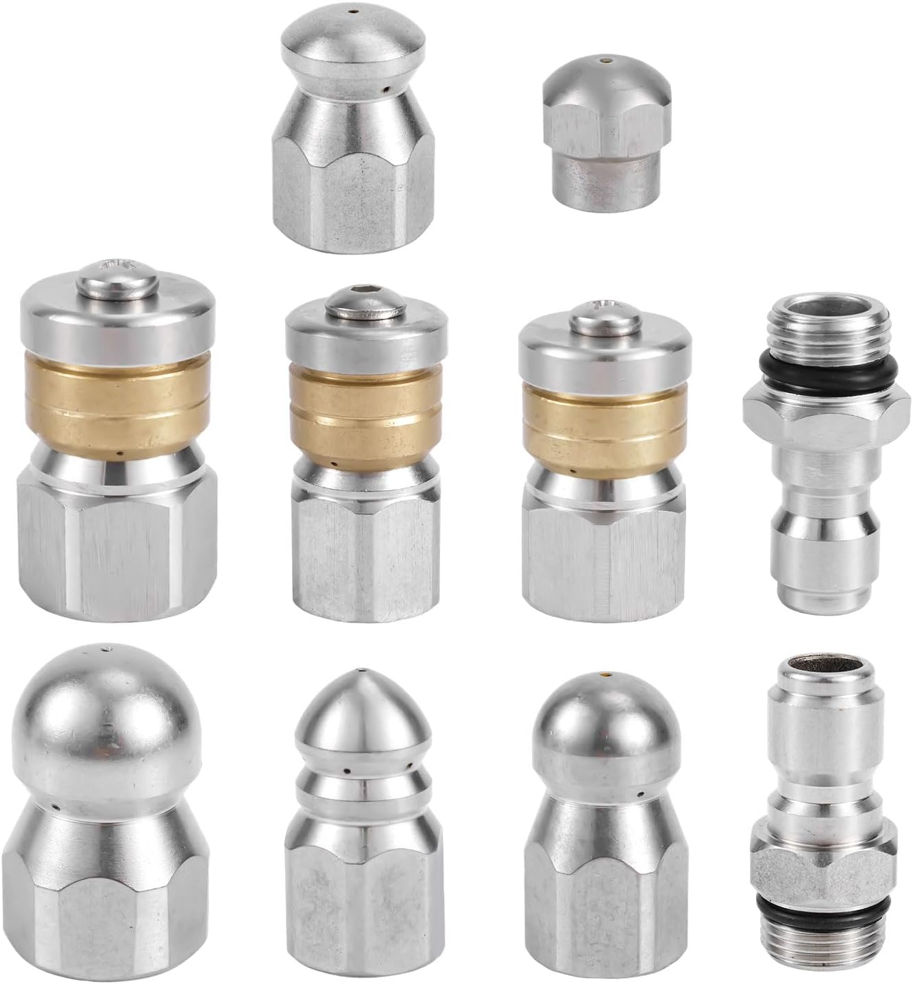 NQEUEPN 10Pcs Sewer Jetter Nozzle Kit, Stainless Steel, 1/4" & 3/8" NPT Quick Connectors, 5000 PSI, Silver, Sewer Cleaning Tools, Nozzle image number 6