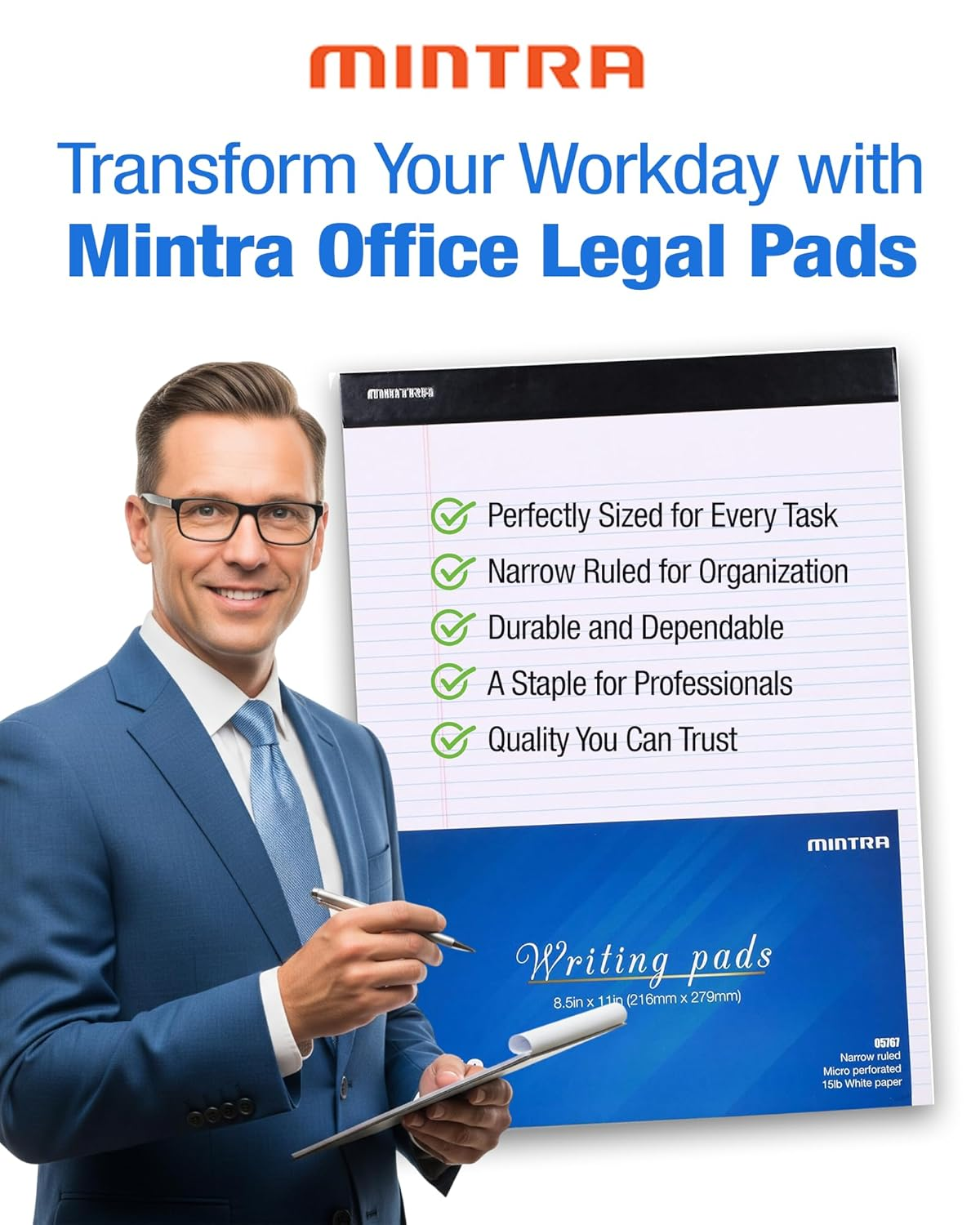 Mintra Office Legal Pads - ((Basic White 6Pk, 8.5In X 11In, Narrow Ruled)) - 50 Sheets per Notepad, Micro Perforated Writing Pad, Notebook Paper for School, College, Office, Business image number 5