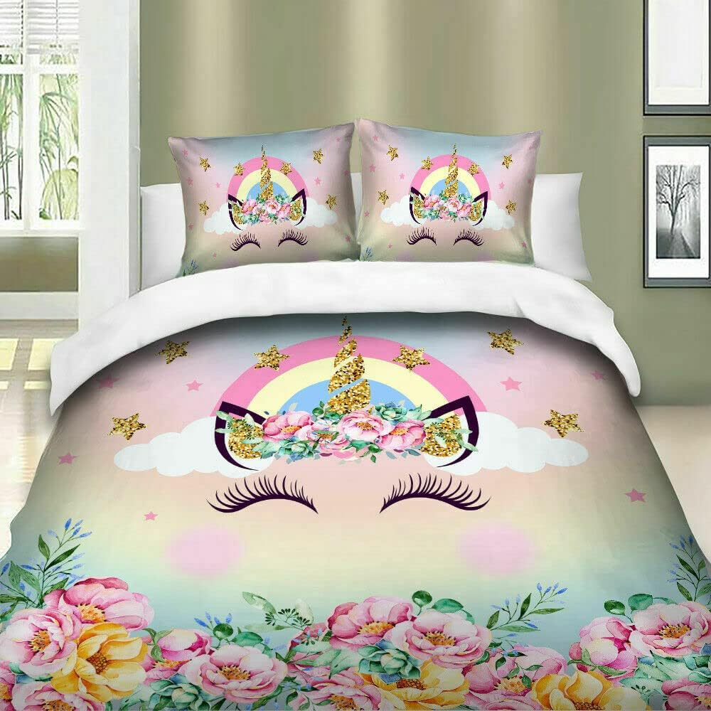 Happy Smiling Unicorn Quilt Doona Duvet Cover Set Single Double Queen Size Available Single, 1 Pillow Case image number 1