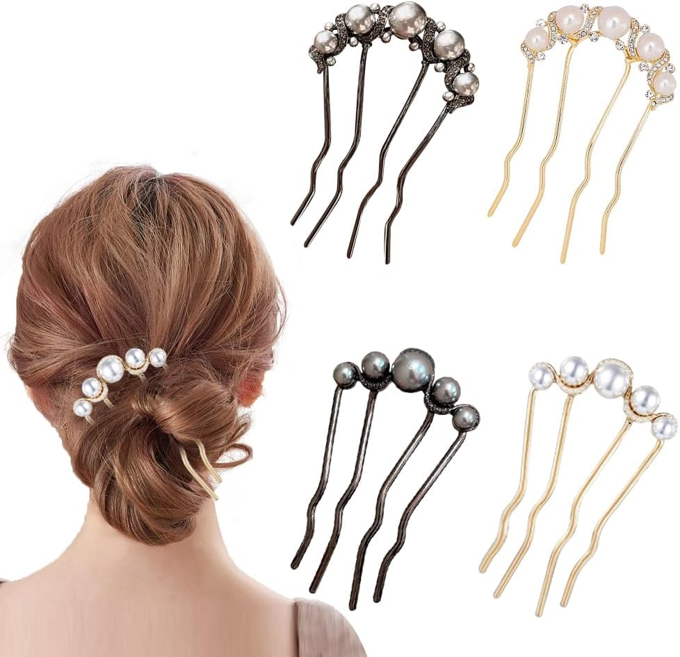 TRKETK Pack of 4 Beads Hair Pins in U Shape Women'S Pearl French Hair Clip Metal Hair Pin Vintage Hair Fork Clips for Women Weddings and Parties Thick Hair Bun Twist Hair Fork image number 2