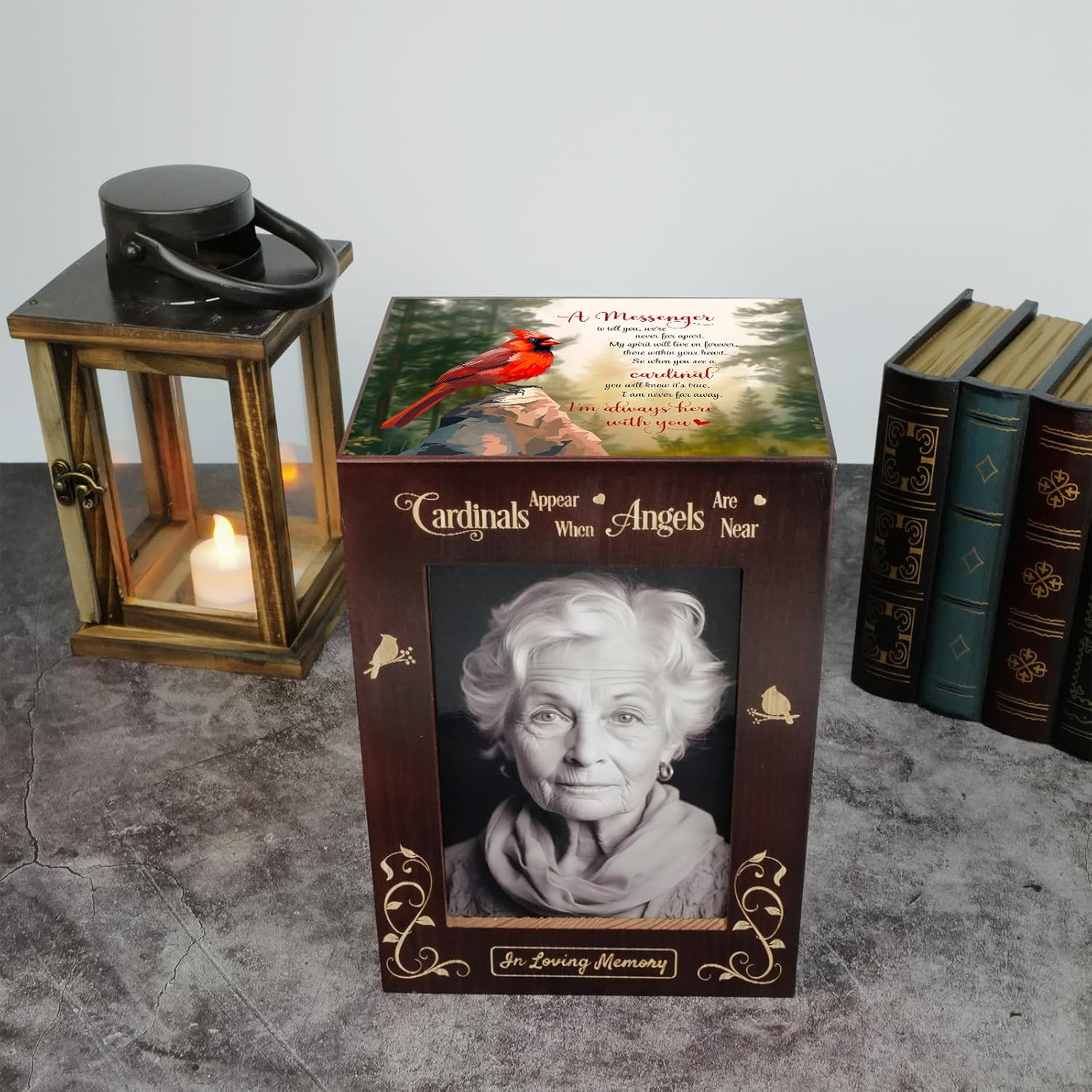 Wooden Cremation Urns with Photo Frame for Human Ashes Adult Female Male, Wood Urns Box and Casket, Funeral Decorative Urn with Picture for Adults up to 200 Lbs (Large, Cardinal) - Hummingbird image number 5