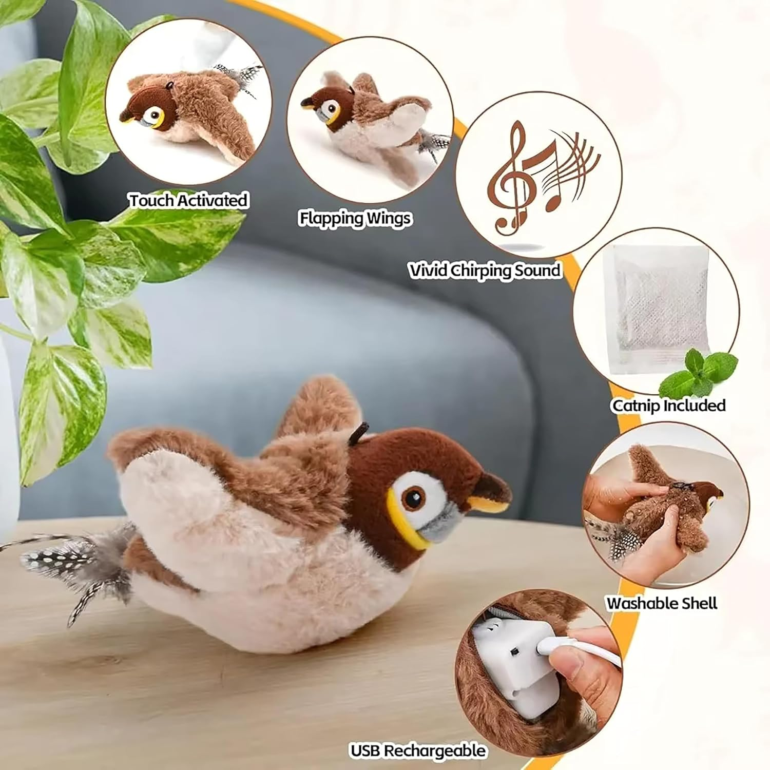 Costec Interactive Cat Toys, Rechargeable Flapping Wings Sparrow Catnip Toys, Chirping Toy, Simulation Bird Interactive Automatic, Cat Toy for Kitten Exercise, Fluffy Plush Pet Toys, Touch Activated image number 2