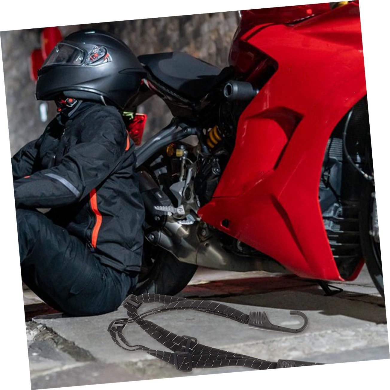 GOOHOCHY 2Pcs Adjustable Elastic Motorcycle Helmet Luggage Straps with Hooks Rubber Bungee Cord for Bike Bicycle Outdoor Travel Retractable and Secure Fastening image number 6