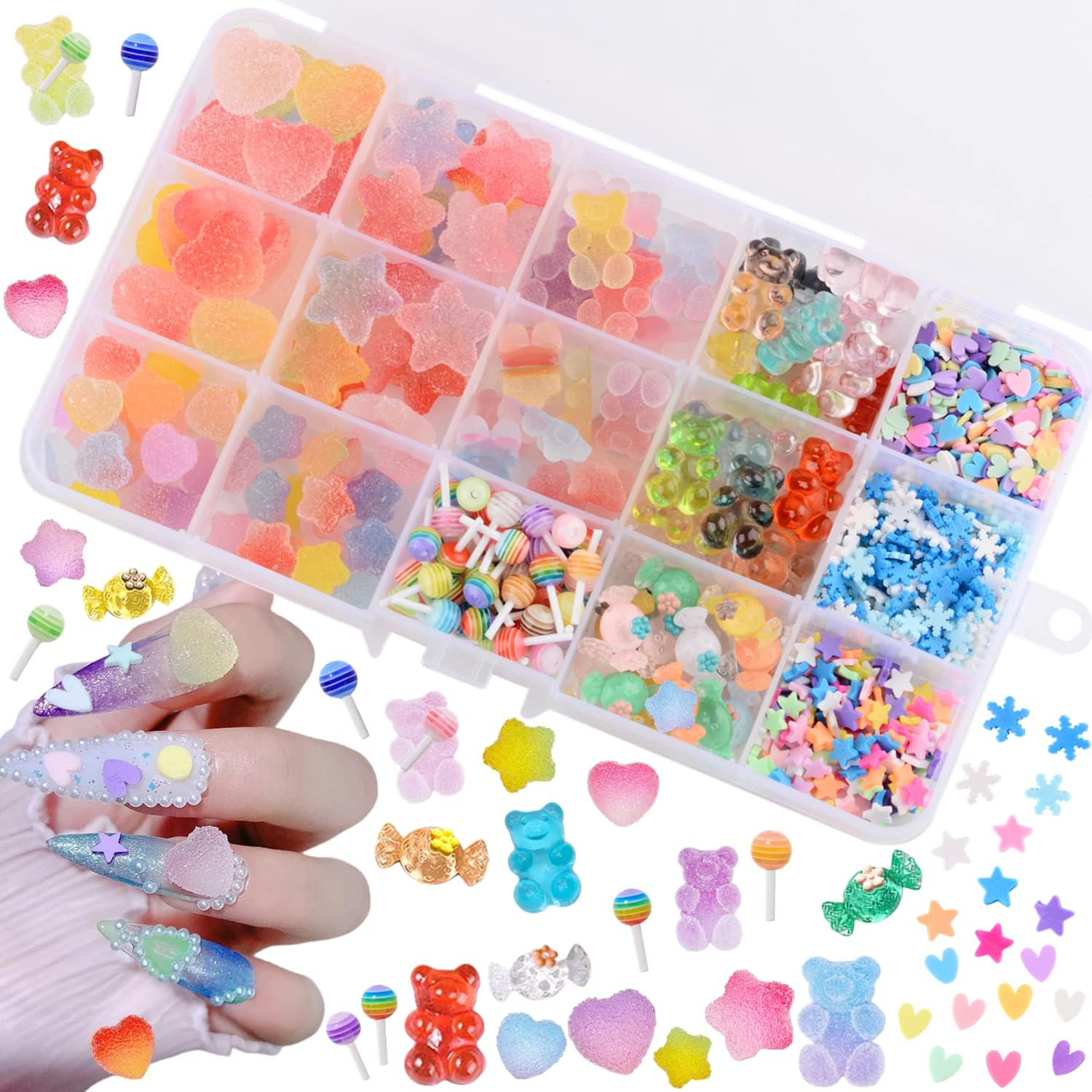 Edittime 200PCS Kawaii Colorful Resin Acrylic 3D Gummy Bear Multi-Sized Heart Star Nail Charms with 300PCS Snowflake Heart Star Slice (Multicolor5)