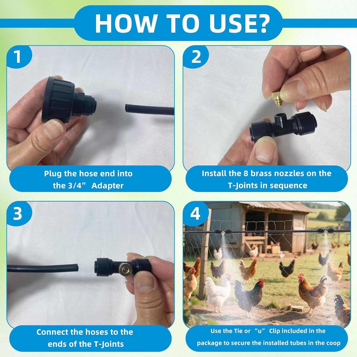Chicken Coop Misting Cooling System,Misting Hose for Patio with 26FT Misting Line + 8Mist Nozzles +3/4" Adapter& T-Joints Perfect for Cooling Chicken Coops during Summer image number 4