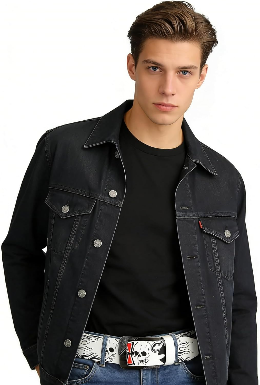 AIBEARTY Punk Skull Skeleton Pattern Pin Buckle Belt Gothic Casual Pu Leather Waistband for Women Men - White image number 2