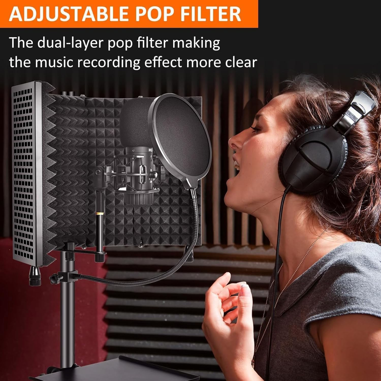 Homodoskey Microphone Isolation Shield with Pop Filter & Tripod Stand, Foldable Mic Shield with Triple Sound Insulation, High Density Mic Sound Shield for Recording Studio, Podcasts, Singing image number 5