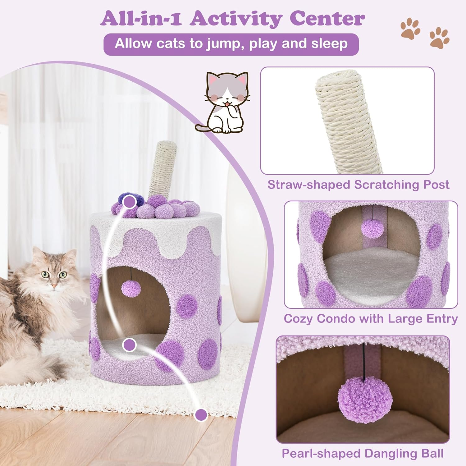 Costway Bubble Tea Cat Tree Tower Cat Condo Furniture W/Scratching Post Dangling Ball Toy Multifunctional Cat Furniture Indoor Cats Cute Kitten Activity Center (Purple & White) image number 6