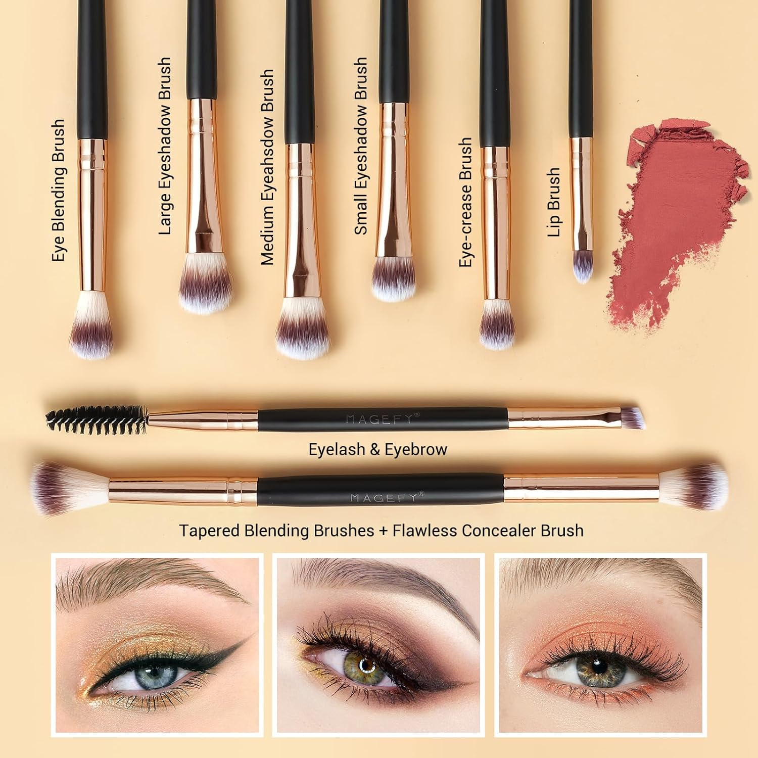 MAGEFY 12Pcs Makeup Brushes with Bag, Double-End Multi-Functional for Foundation Powder Blush Eyeliner Eyeshadows Makeup Brush Set with Gift Box (Black Gold) image number 3