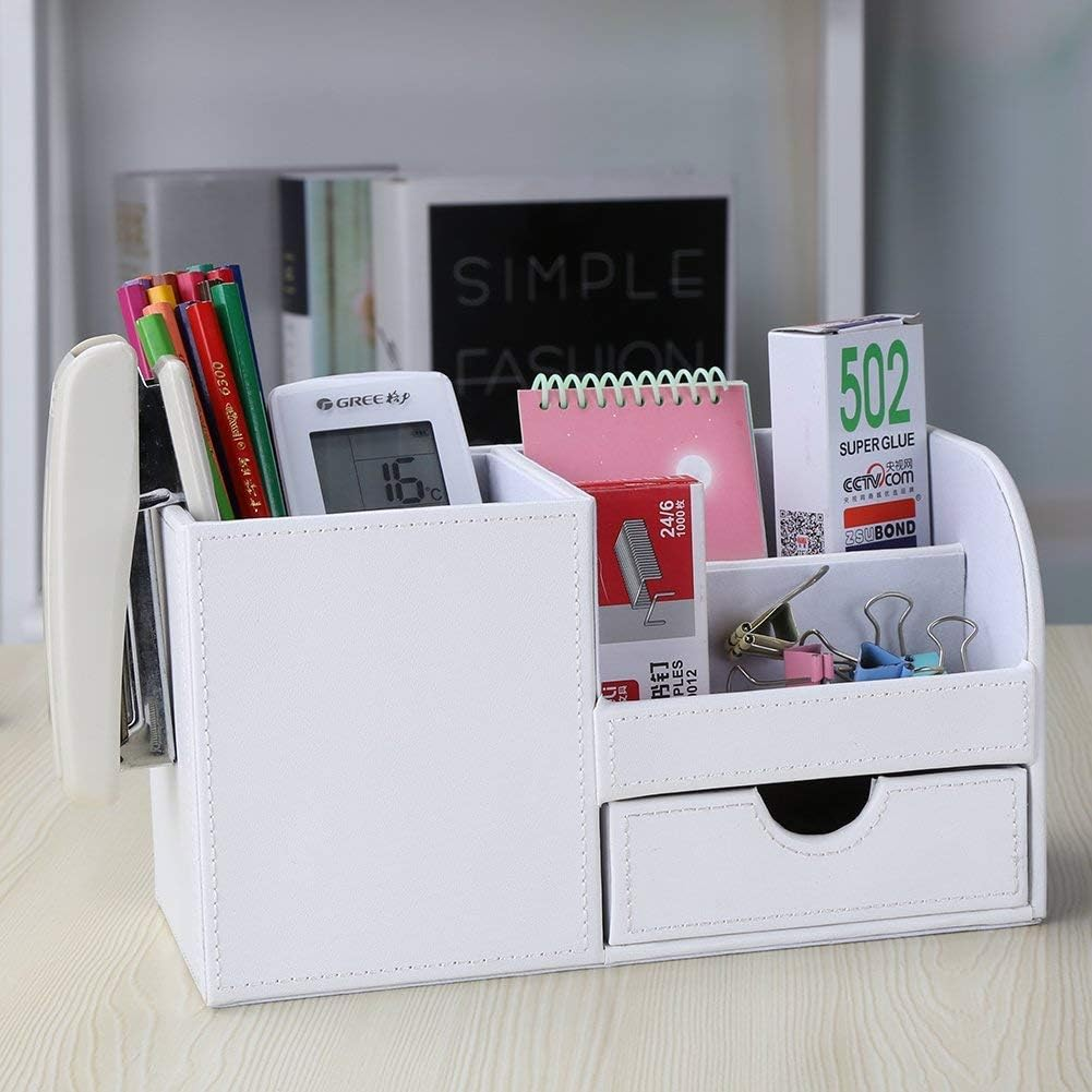 KINGFOM Wooden Struction Leather Multi-Function Desk Stationery Organizer Storage Box Pen/Pencil,Cell Phone, Business Name Cards Remote Control Holder White-Flannel - Brown image number 6