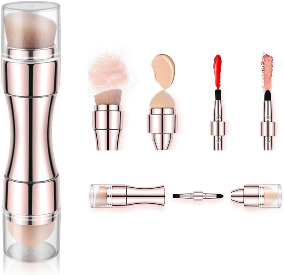 Bling Toman 4 in 1 Makeup Brush, Eyeshadow Eye Lip Face Concealing Blush Foundation Brush All in One Retractable Travel Size Makeup Brush Set (Rose Gold Brush)