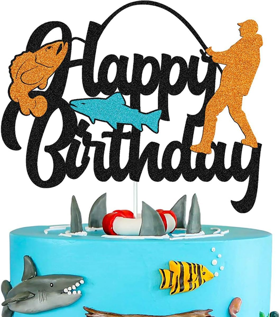 1Pc Fishing Cake Topper Glitter Fisherman Birthday Cake Pick Outdoor Gone Fishing Themed Men Boys Birthday Party Cake Decoration Supplies image number 2