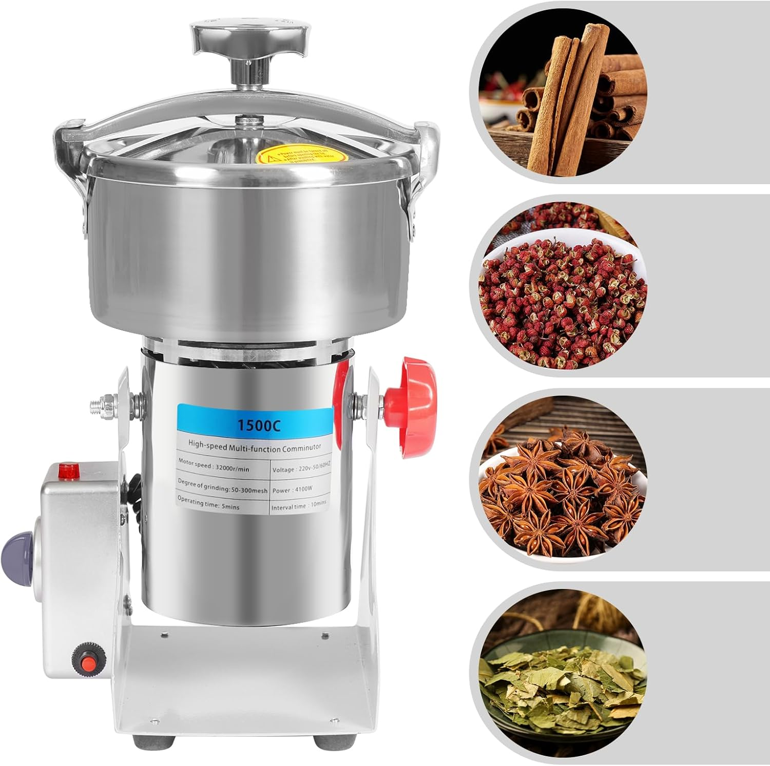 Electric Grain Mill Grinder, 1500G High Speed Commercial Dry Grain Grinder W/Pressured Lid, 4100W 304 Stainless Steel Spice Grinders for Grains, Millet & Spices for Commercial & Home Use image number 3