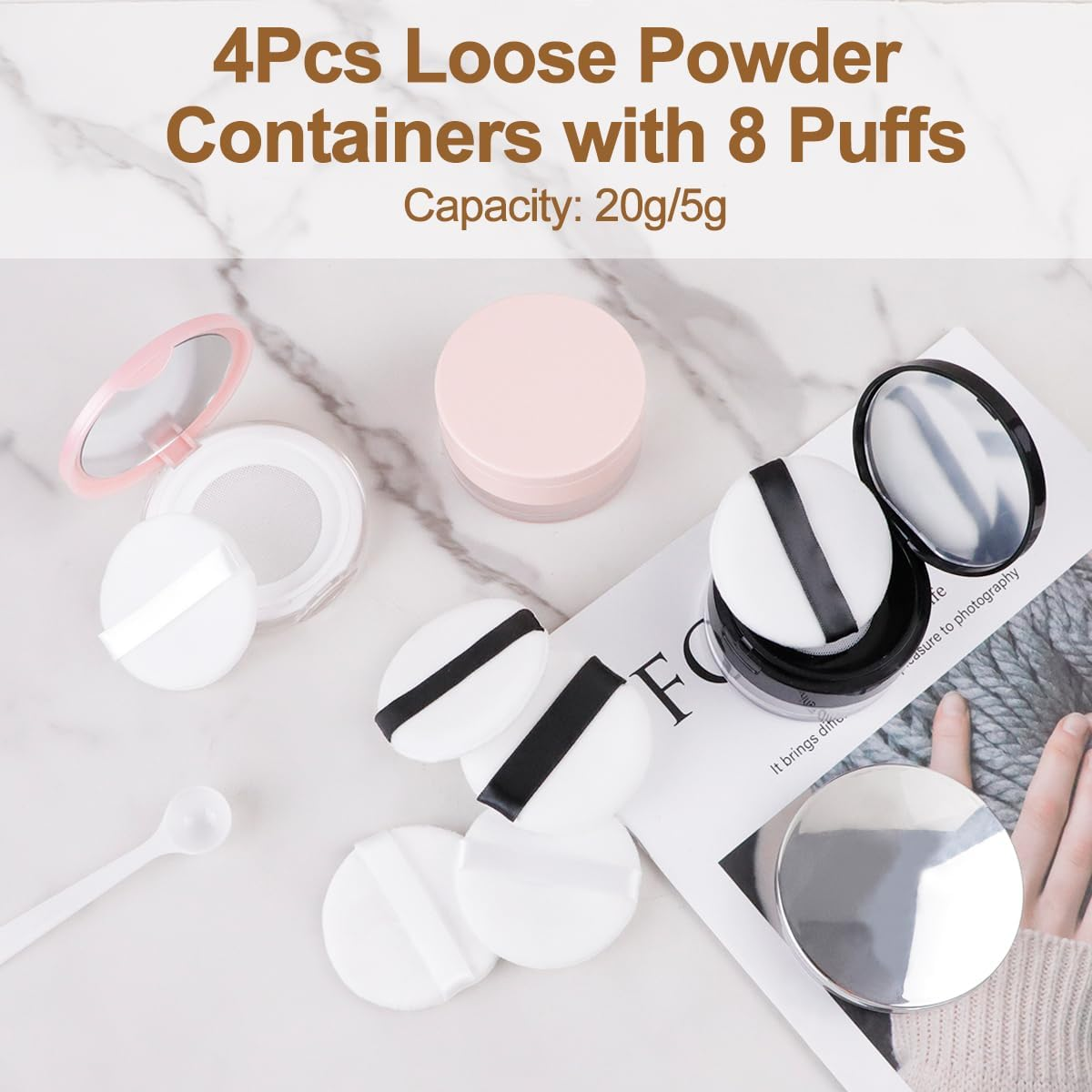 4Pcs Loose Powder Containers with 8 Puffs, FHDUSRYO 20G/5G Refillable Plastic Empty Powder Case Compact Container, Portable DIY Makeup Powder Case with Mirror Sifter Spoon for Daily Use Makeup, Travel image number 4