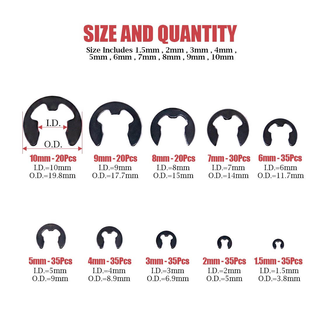 Hilitchi 300-Pcs Alloy Steel E-Clip Circlip External Retaining Ring Assortment Set - 1.5Mm to 10Mm image number 5