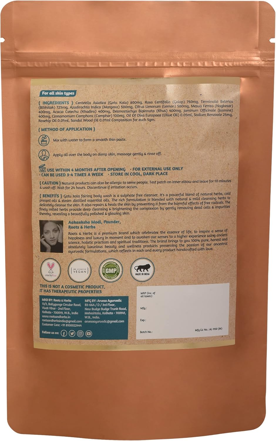 ROOTS and HERBS Ayurvedic Powder Body Wash Natural Treatment 100% Vegan Gotukola Fairing Powdered Body Cleanser Ubtan Powder Non-Foaming Body Wash - 3.52 Oz