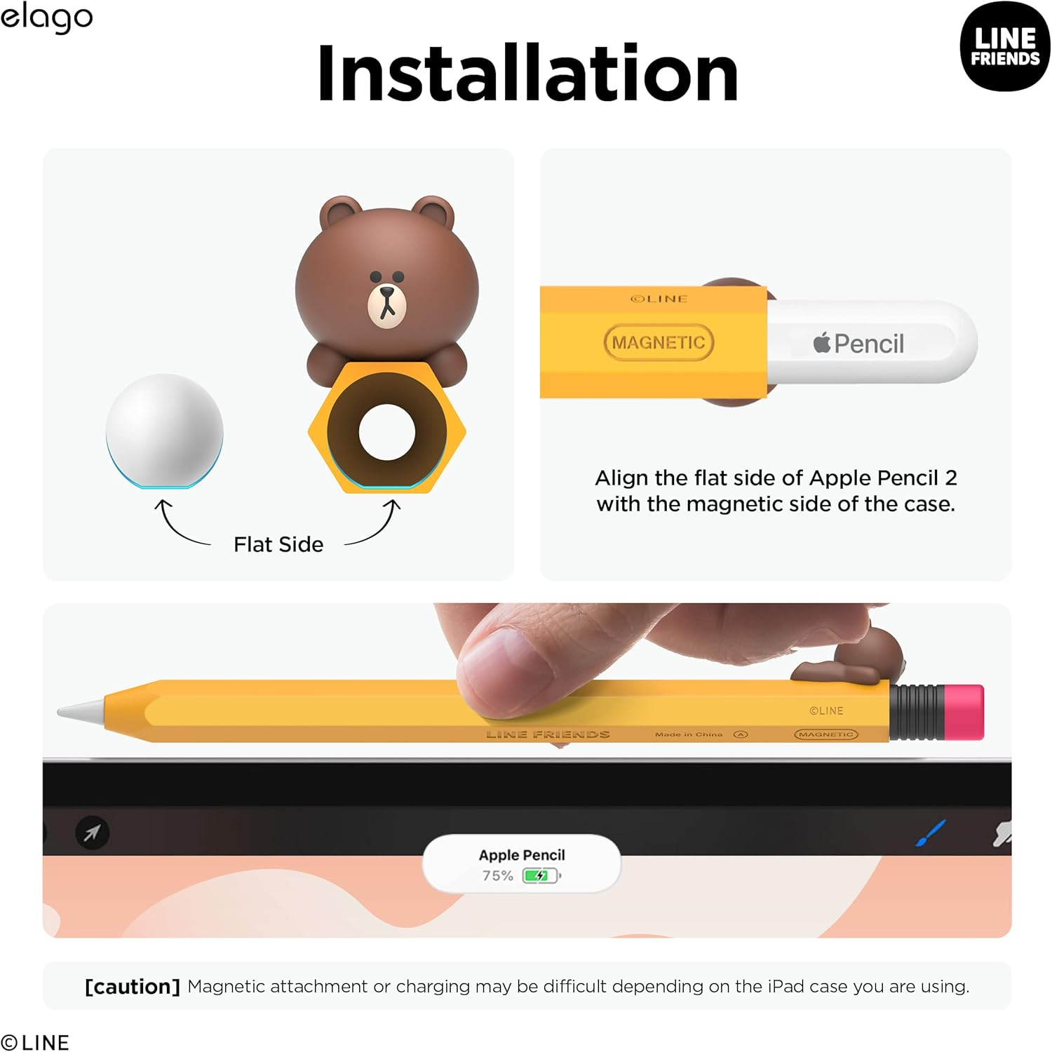 Elago | LINE Friends Compatible with Apple Pencil Pro Case & Apple Pencil 2Nd Generation Case, Compatible with Magnetic Charging, Double Tap, Squeeze, Haptic (Brown) image number 6