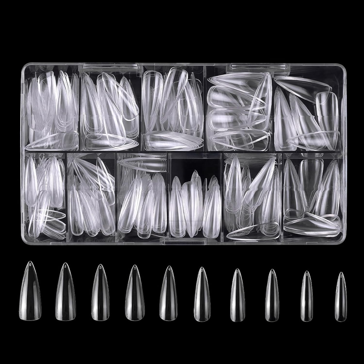Taoluwin 500Pcs Clear Nail Tips, 10 Sizes Full Cover False Nails, Press on Gel Nail Tips, Reusable False Nail Kit for DIY Extensions, Acrylic & Nail Art (Long Teardrop Shape, Long)
