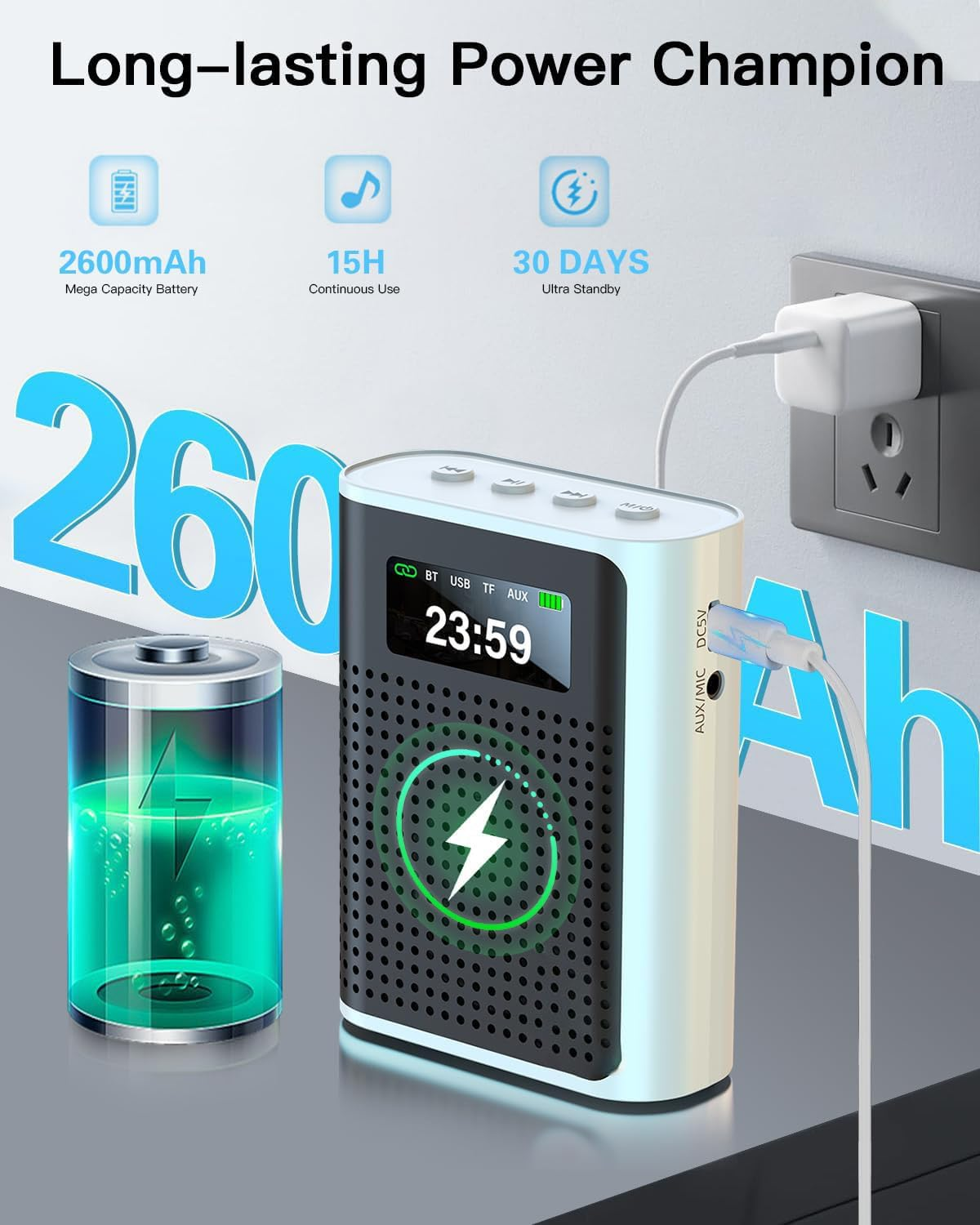 Voice Amplifier with Magnetic Wireless Lavalier Microphone, 2600Mah Long Battery, 70M Range, Hi-Fi Dual-Magnet Speaker, Bluetooth/Tf/Usb/Aux Portable PA System for Teaching & Outdoor Use image number 2