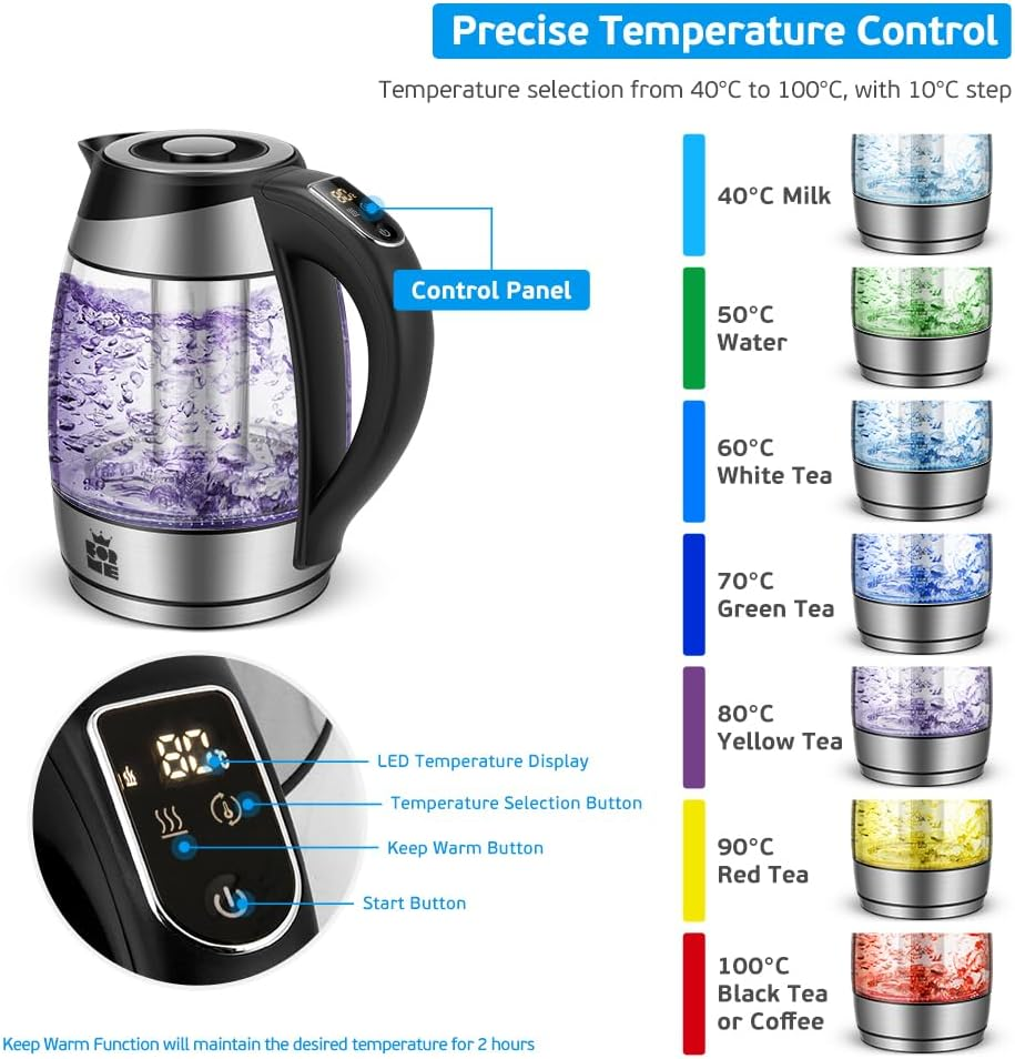 Forme Glass Kettle with Temperature Setting 40-100 &deg;C 1.8 L I 2200 Watt I 7 Colour Change LED I Digital Temperature Display I Keep Warm Function I Boil Dry Protection BPA Free image number 6