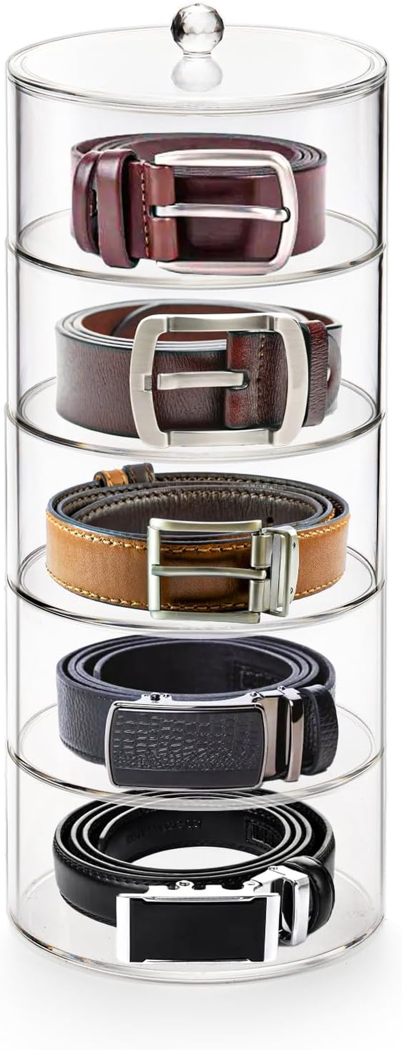 ZENFUN 5 Layers Acrylic Belt Organizer, Stackable Belt Storage Box Clear Display Case Vanity Organizer for Watch, Hair Accessories, Jewelry, Closet and Drawer, 2.6" H X 5.5" Dia image number 6