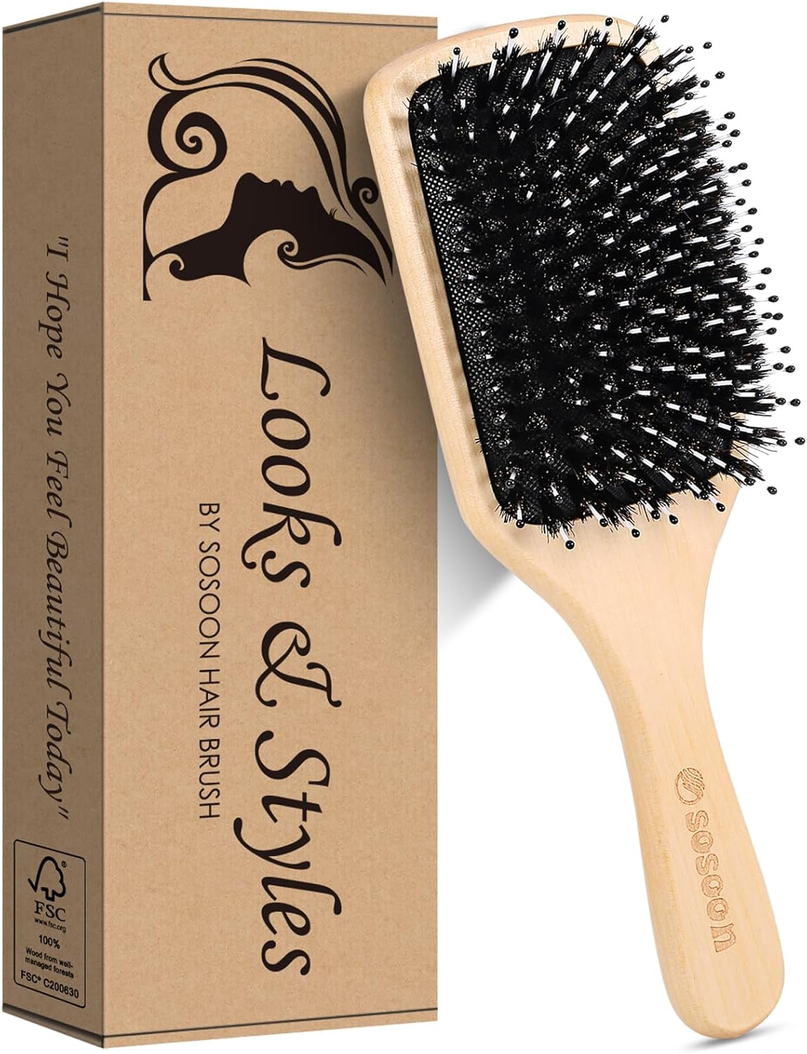 Hair Brush, Sosoon Boar Bristle Paddle Hairbrush for Long Short Thick Thin Curly Straight Wavy Dry Hair for Men Women Kids, No More Tangle, Giftbox & Tail Comb Included