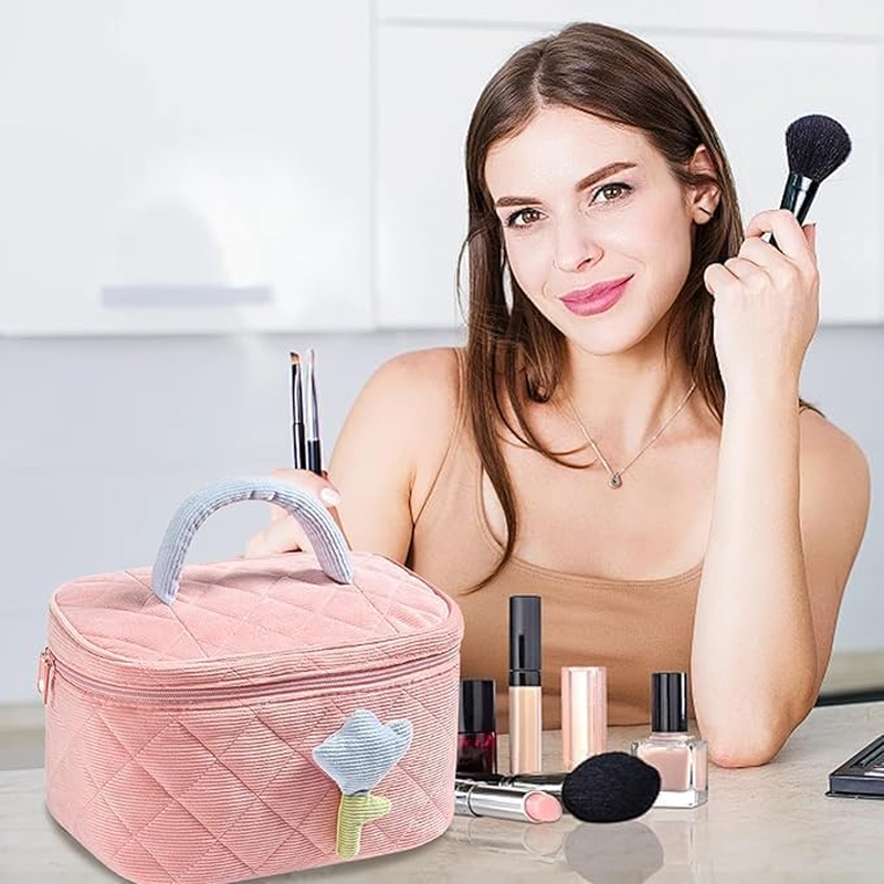 Flower Cosmetic Bag, Kawaii Makeup Bag, Makeup Bag with Floral Pattern, Large Make up Bag Women, Made of Soft Cotton Material, Make up Bag, Cute Beauty Cosmetic Bag for Women and Girls, Pink image number 2