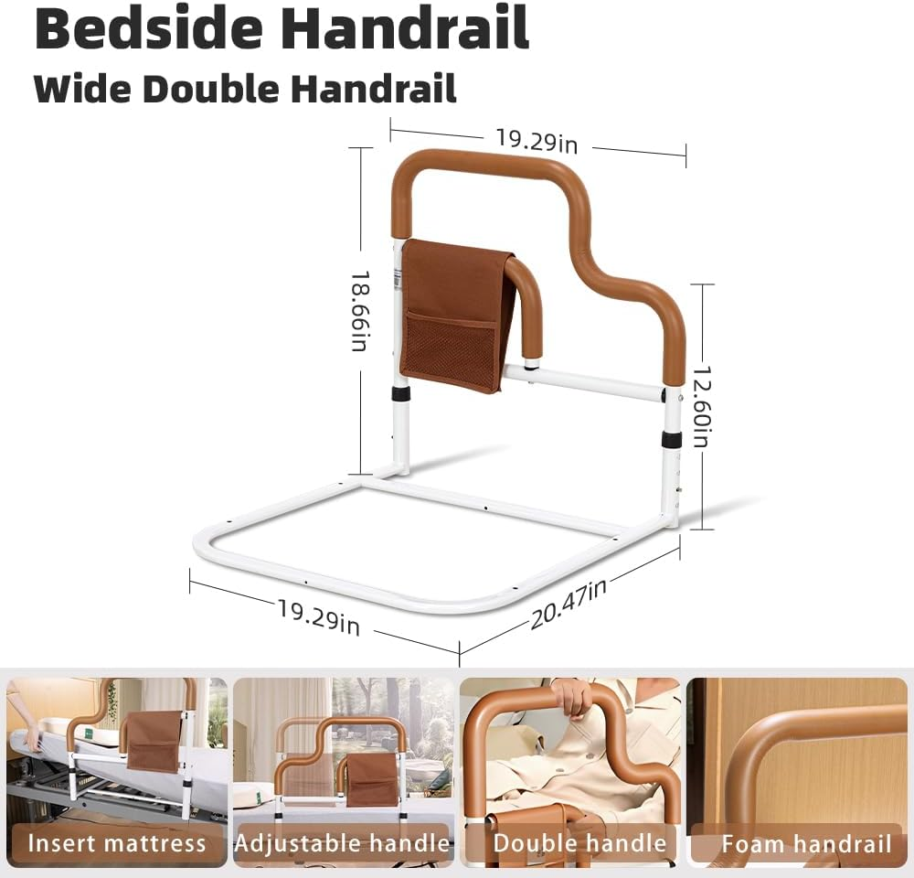 Elderly Bed Armrest with Storage Bag, Dual Armrests, Adjustable Height for Easy Access to and from Beds, Suitable for Various Types of Beds, Capable of Supporting a Weight of 350 Pounds - Orange