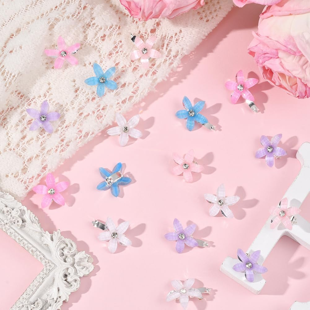 SUNNYCLUE 1 Box 30Pcs 5 Colors Flower Hair Clips Cute Hair Clips 5 Petal Flowers Hairpin with Rhinestone Resin Floral Barrettes Pins for Braid Accessories DIY Crafts Decoration Wedding Party Women image number 2